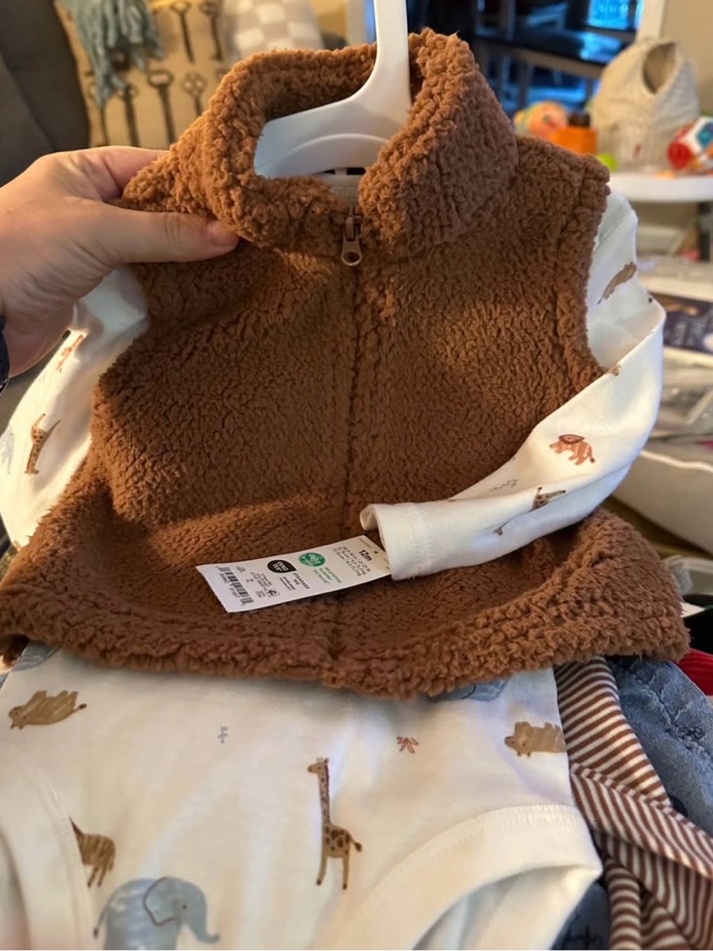 BNWT Carter's Brown Sherpa Vest with Cream Animal-Print Bodysuit and pants
